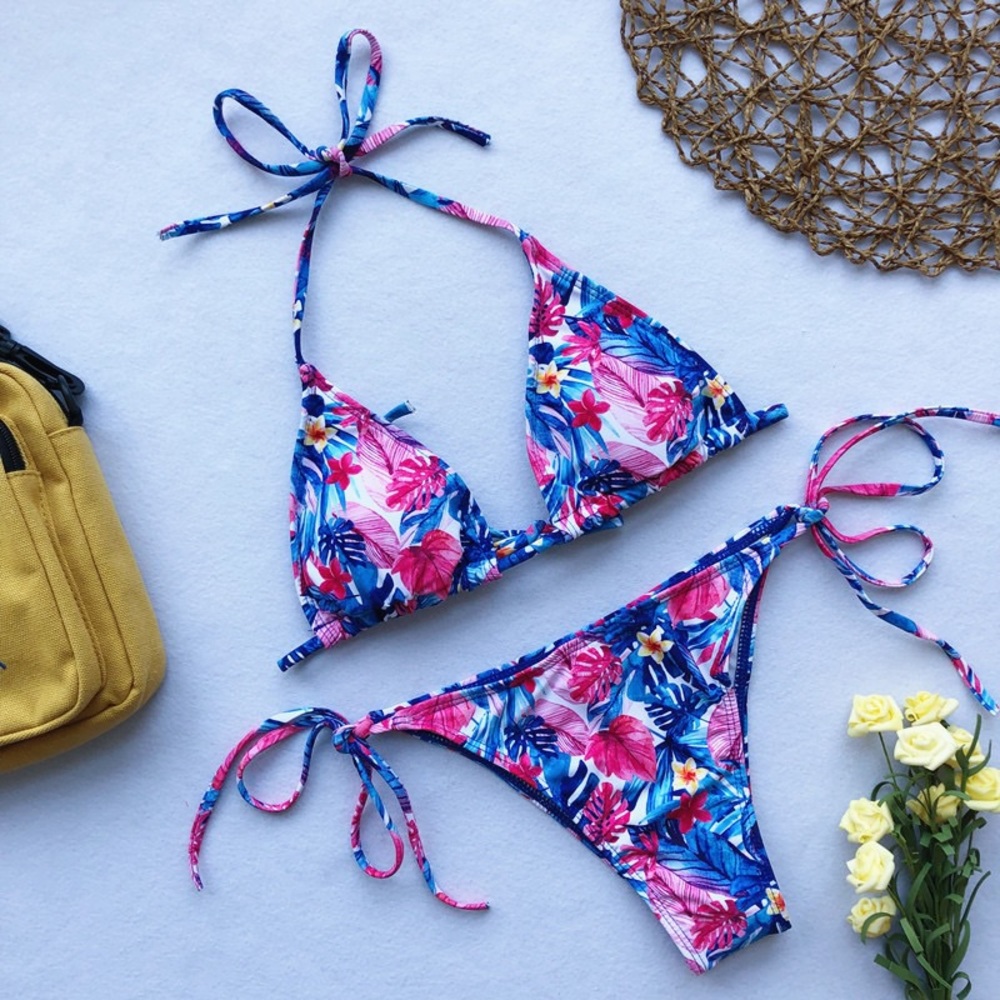 ⛱ Floral Strap Ties Bikini Set Light - Picture 2 of 4
